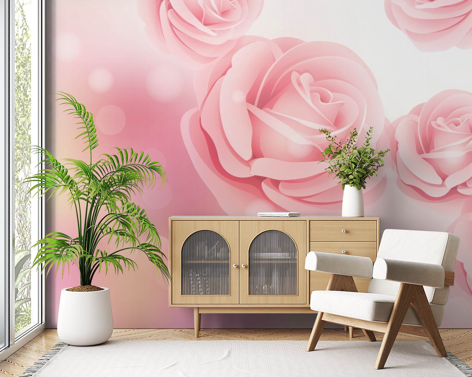 Papier peint fleurs roses douces dans une nuance de rose