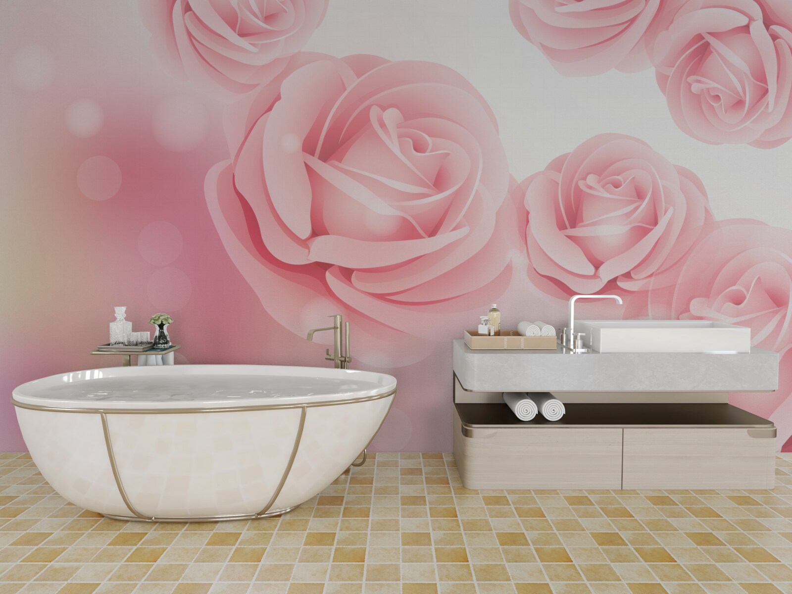 Papier peint fleurs roses douces dans une nuance de rose