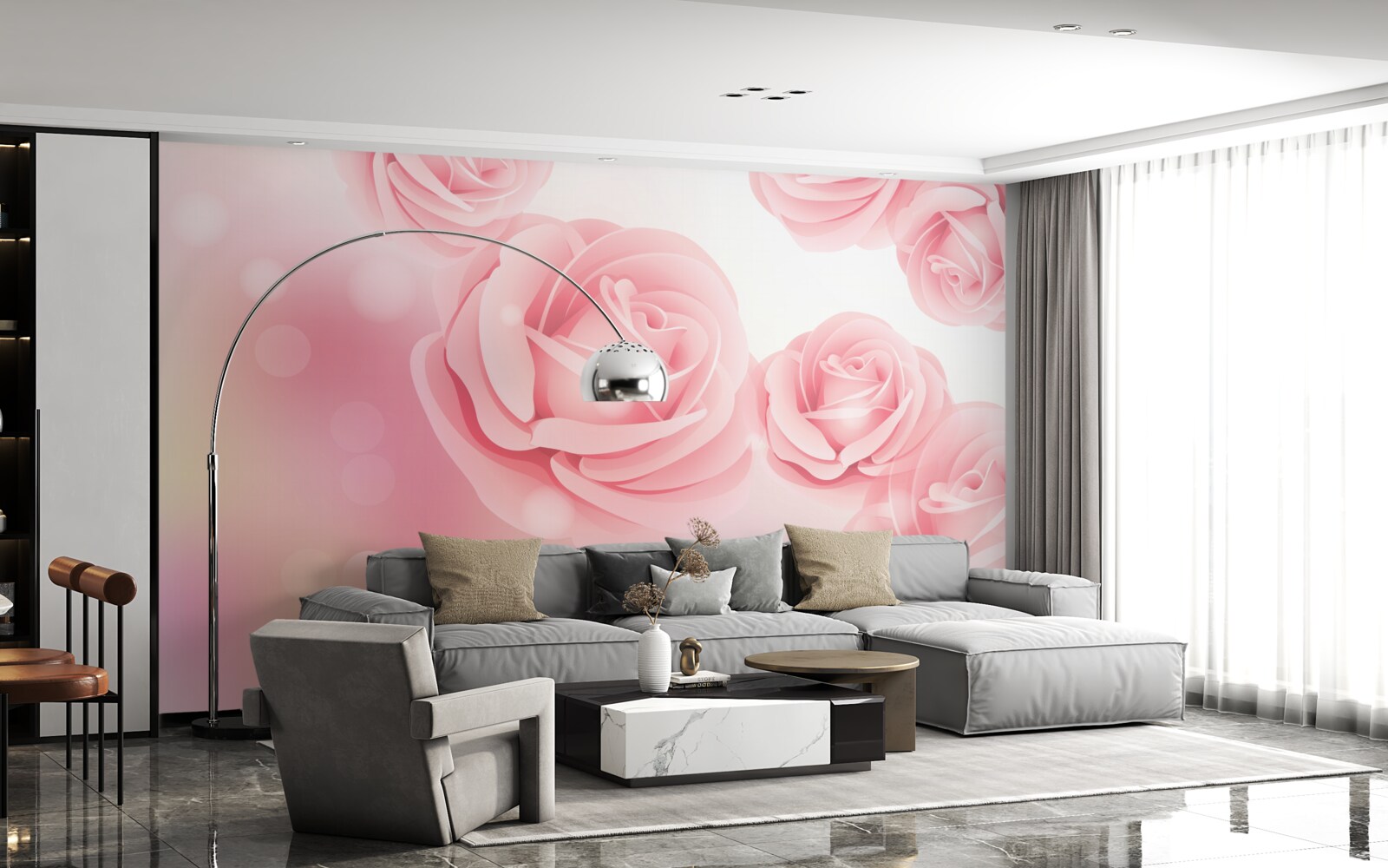 Papier peint fleurs roses douces dans une nuance de rose