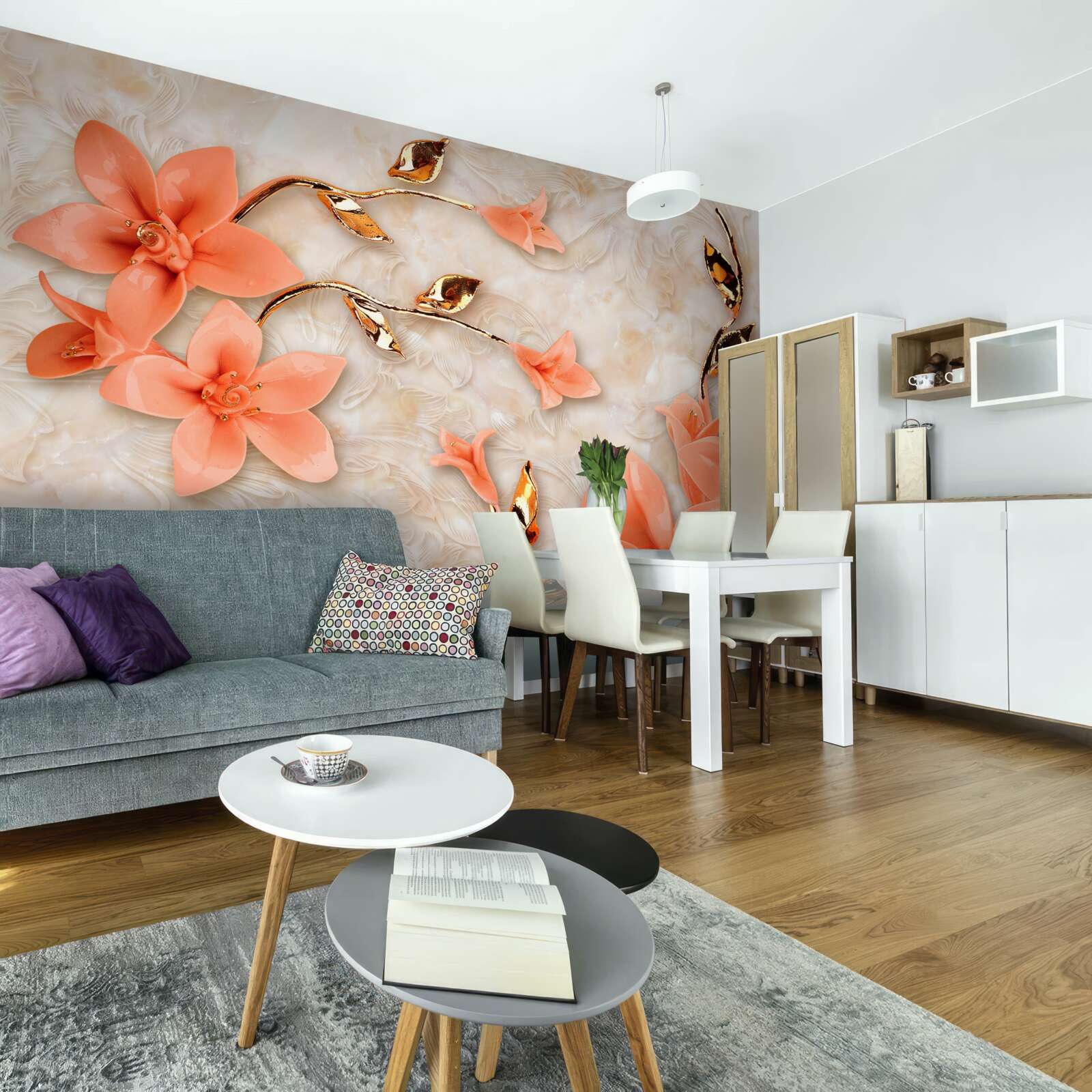 Papier peint magnolia en fleurs dans les tons de pêche