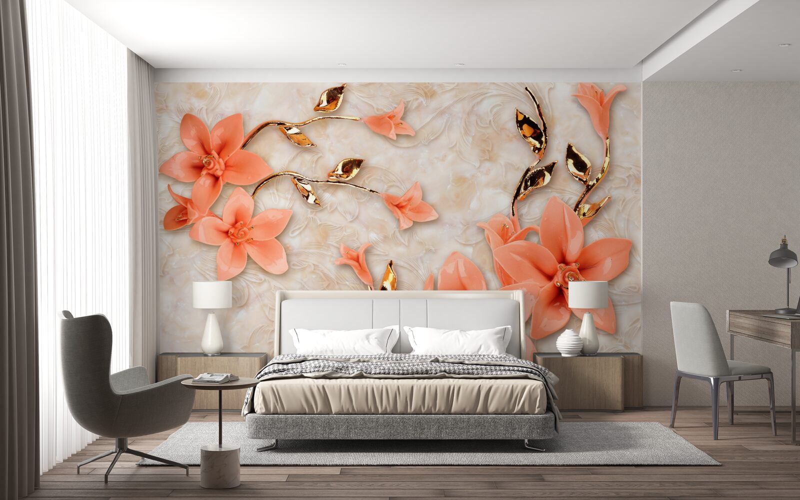 Papier peint magnolia en fleurs dans les tons de pêche