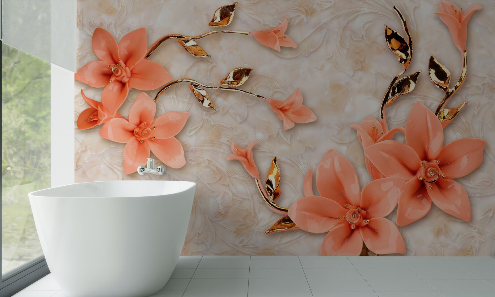 Papier peint magnolia en fleurs dans les tons de pêche