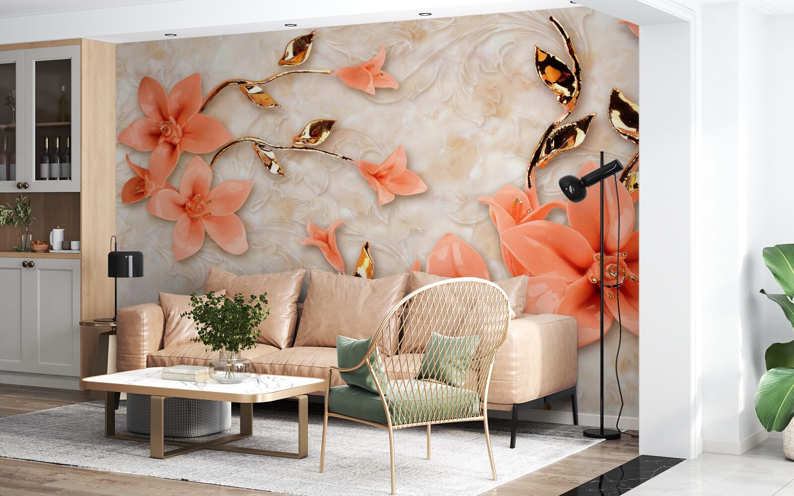 Papier peint magnolia en fleurs dans les tons de pêche