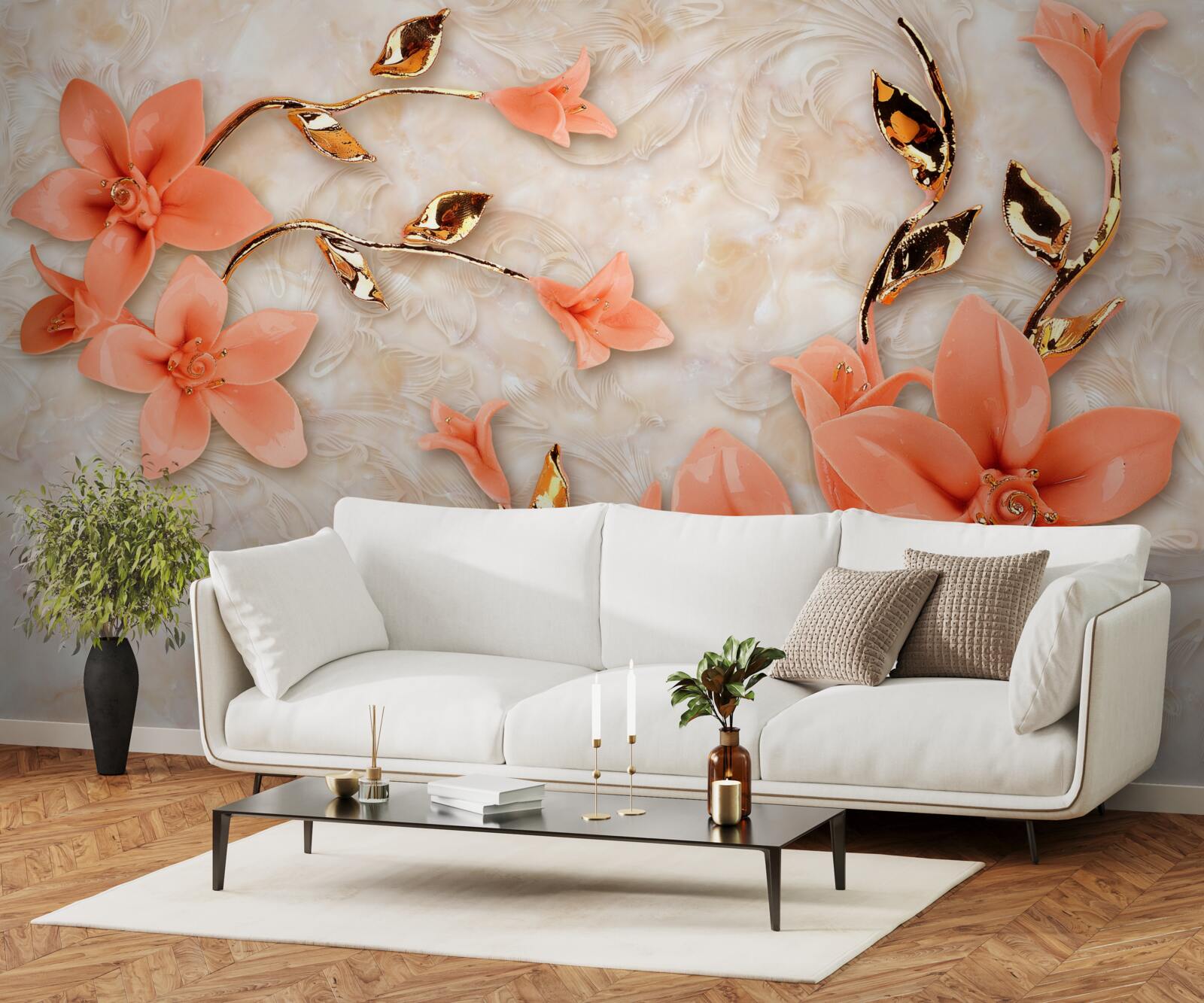 Papier peint magnolia en fleurs dans les tons de pêche