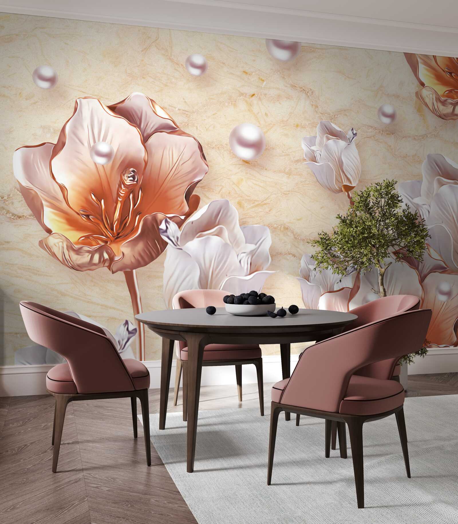 Papier peint zircons étincelants, perles brillantes et fleurs exquises