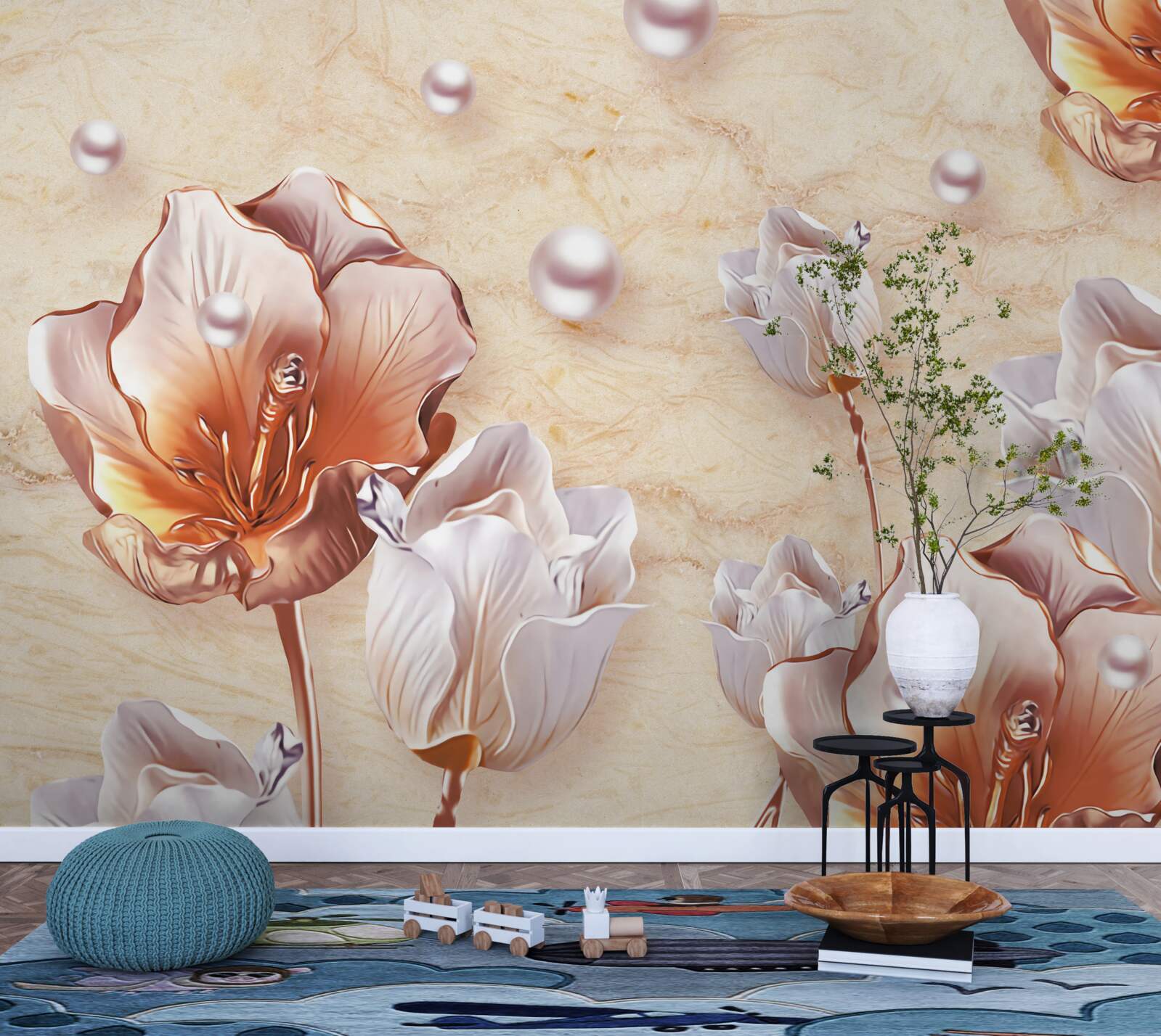 Papier peint zircons étincelants, perles brillantes et fleurs exquises