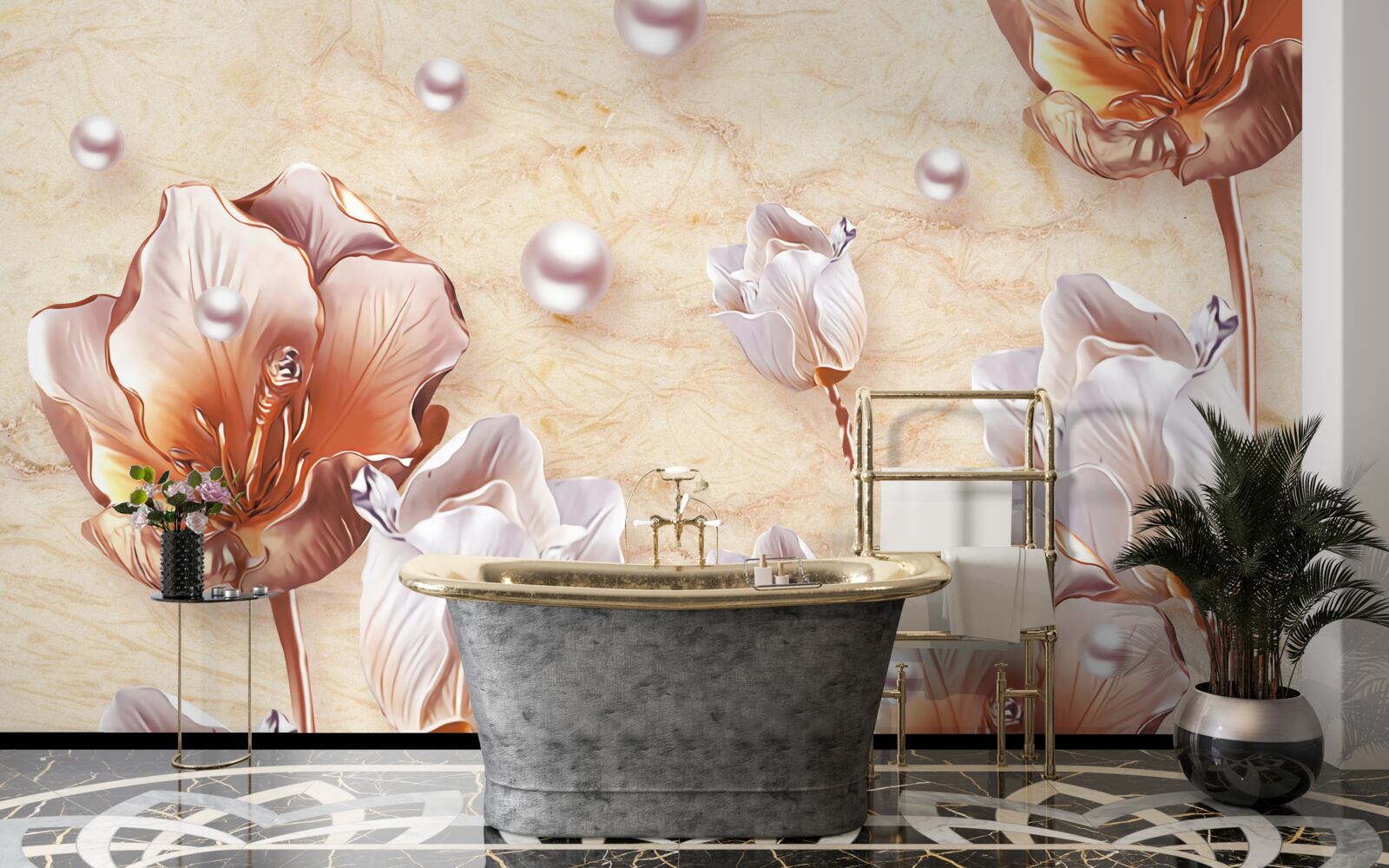 Papier peint zircons étincelants, perles brillantes et fleurs exquises