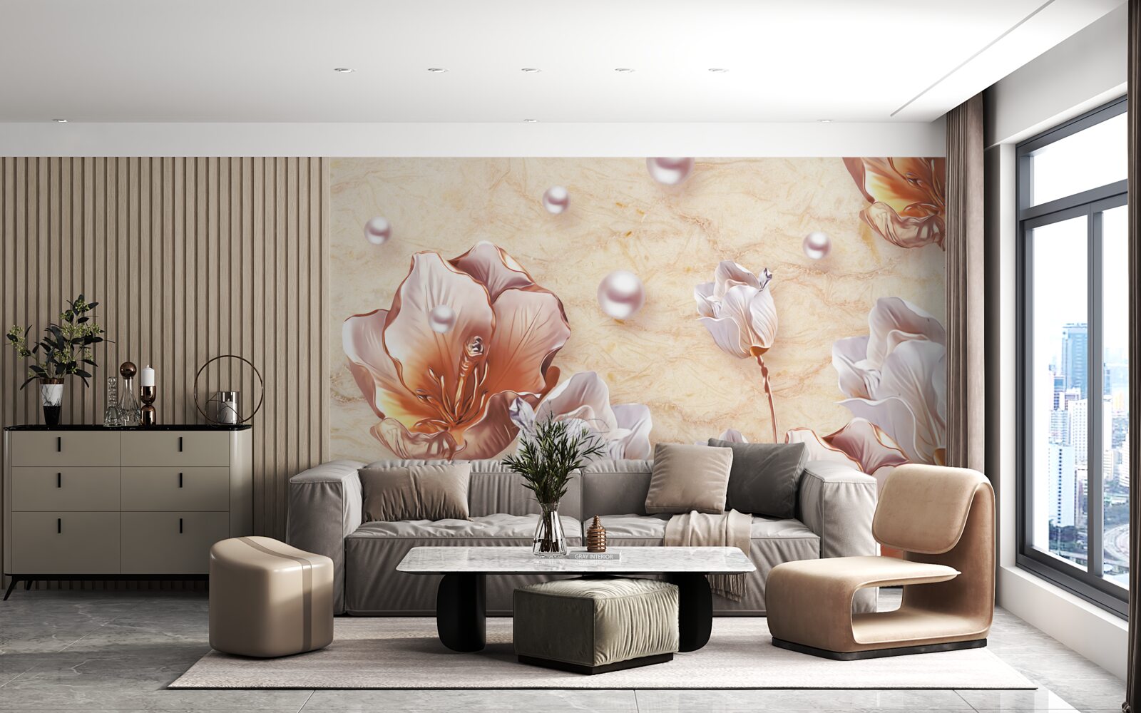 Papier peint zircons étincelants, perles brillantes et fleurs exquises