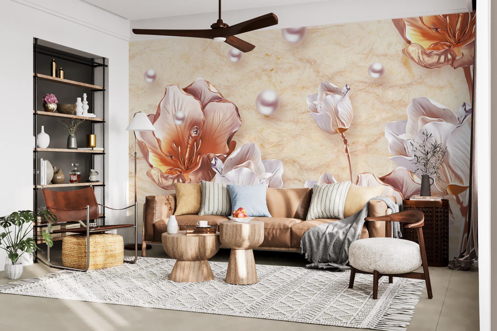 Papier peint zircons étincelants, perles brillantes et fleurs exquises