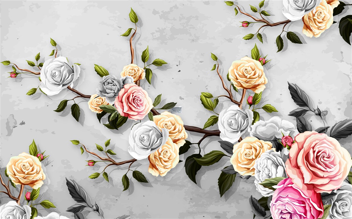 Papier peint branches roses en style vintage