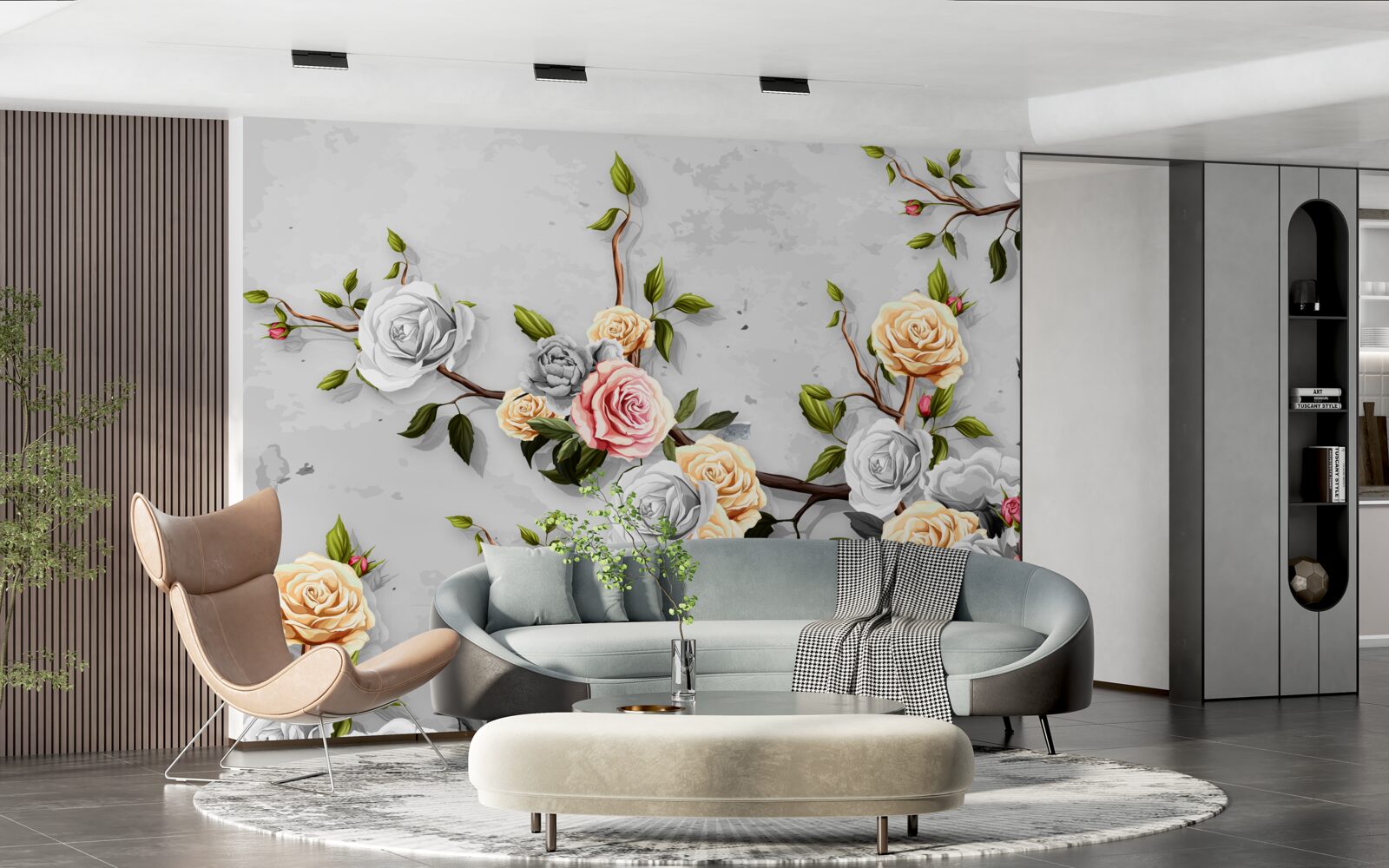 Papier peint branches roses en style vintage