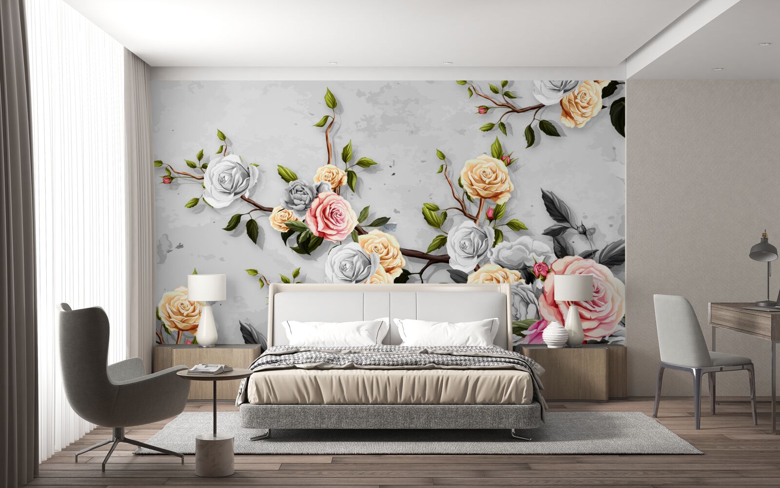 Papier peint branches roses en style vintage