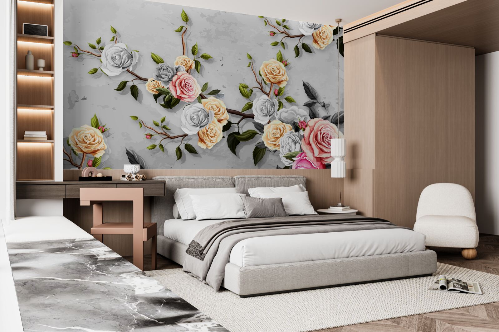 Papier peint branches roses en style vintage