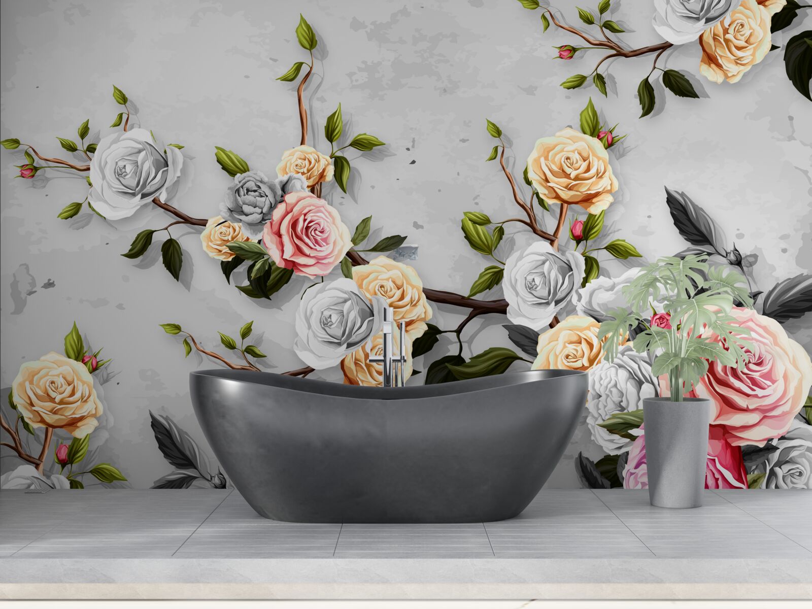 Papier peint branches roses en style vintage