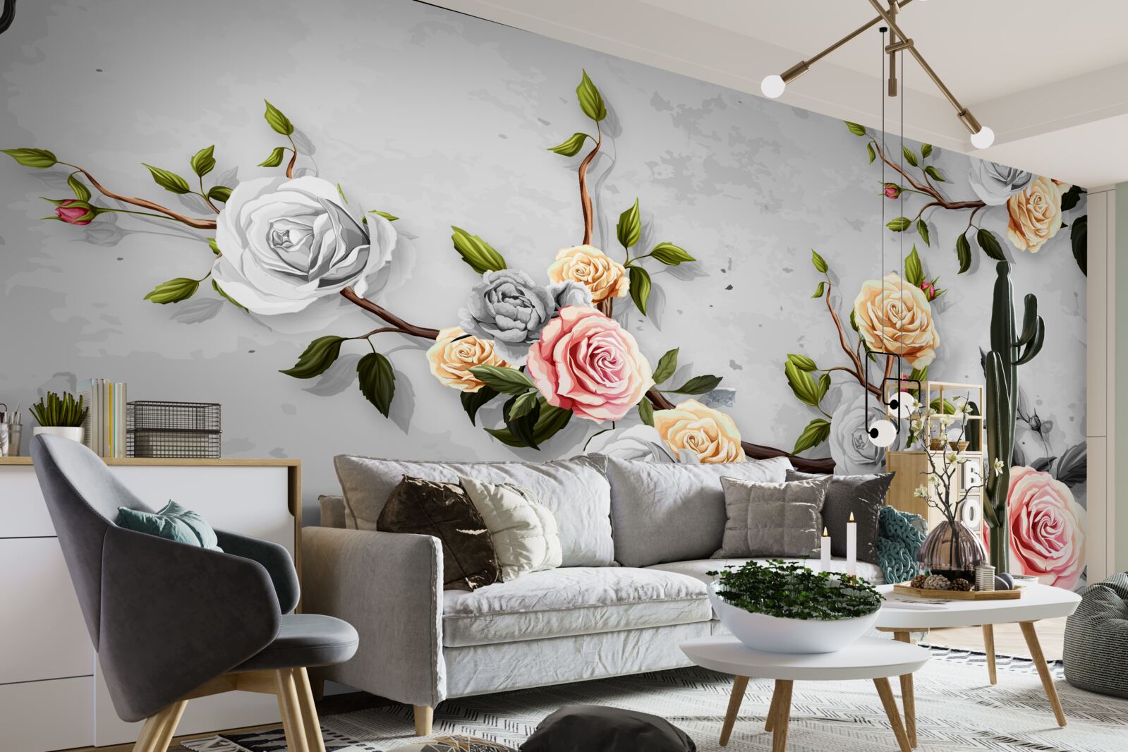 Papier peint branches roses en style vintage