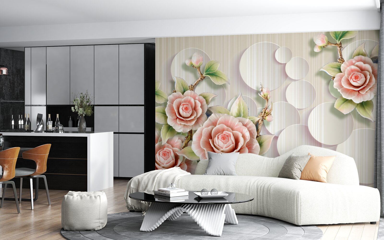 Papier peint fond clair décoré d'une délicate rose couleur thé