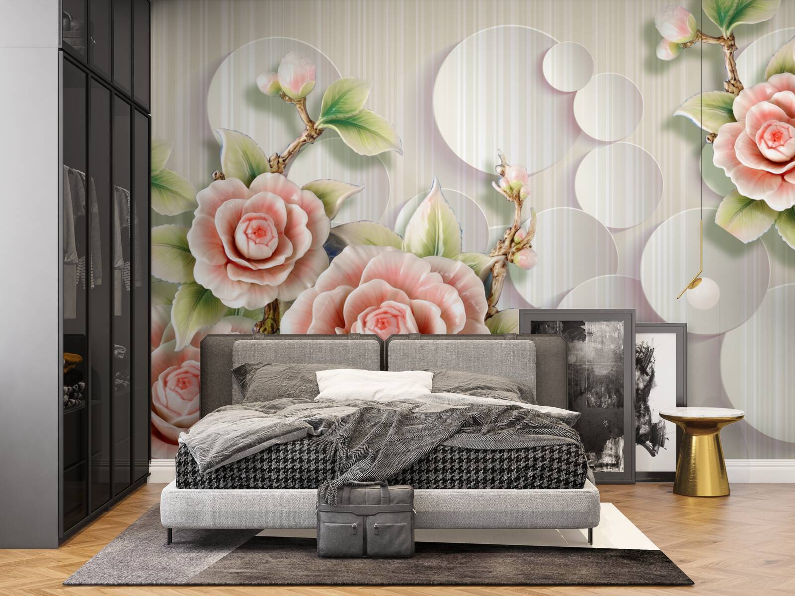 Papier peint fond clair décoré d'une délicate rose couleur thé