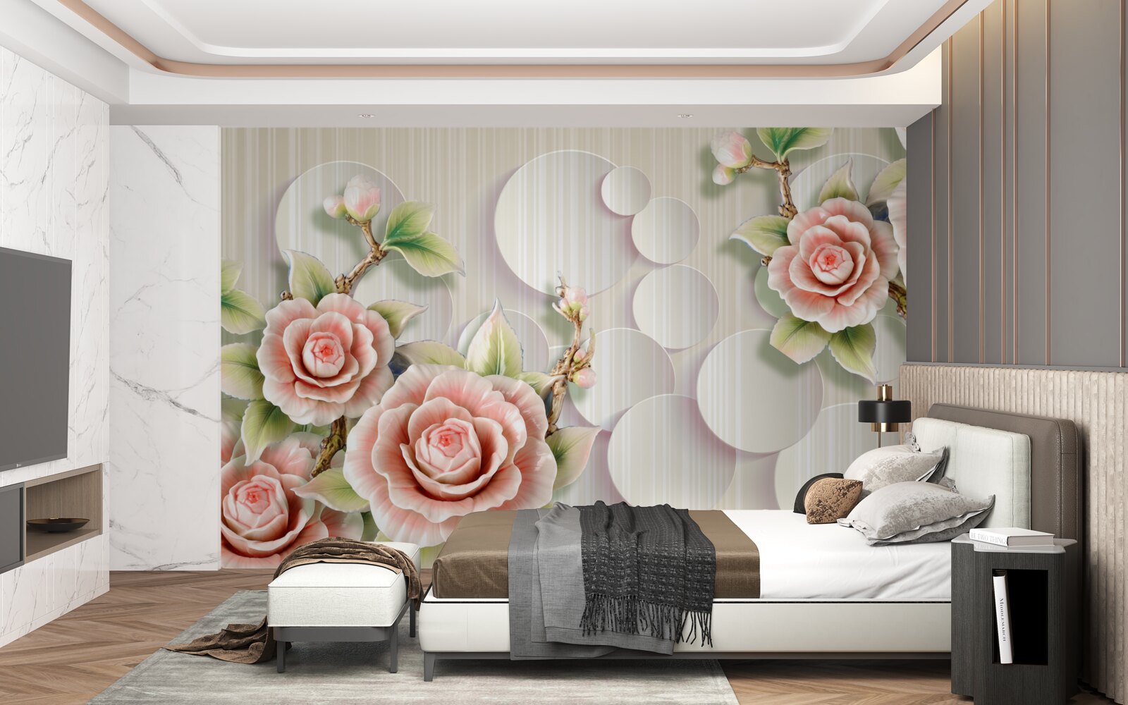 Papier peint fond clair décoré d'une délicate rose couleur thé