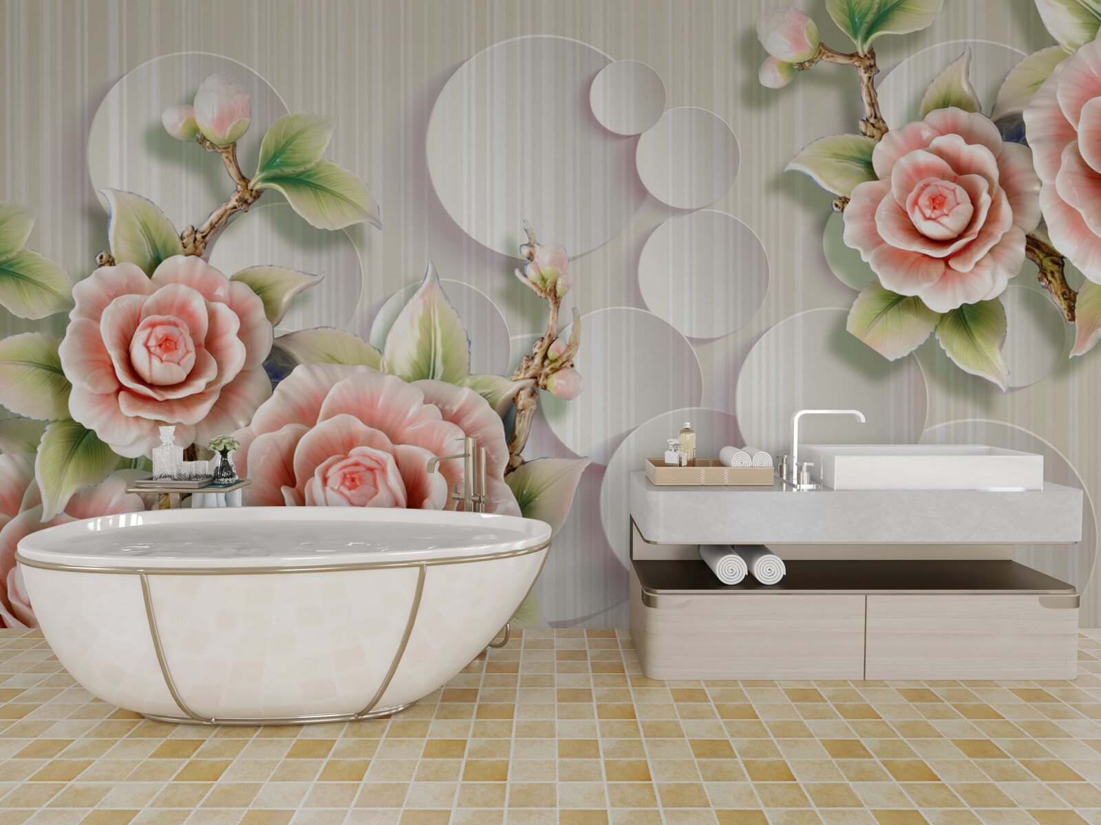 Papier peint fond clair décoré d'une délicate rose couleur thé