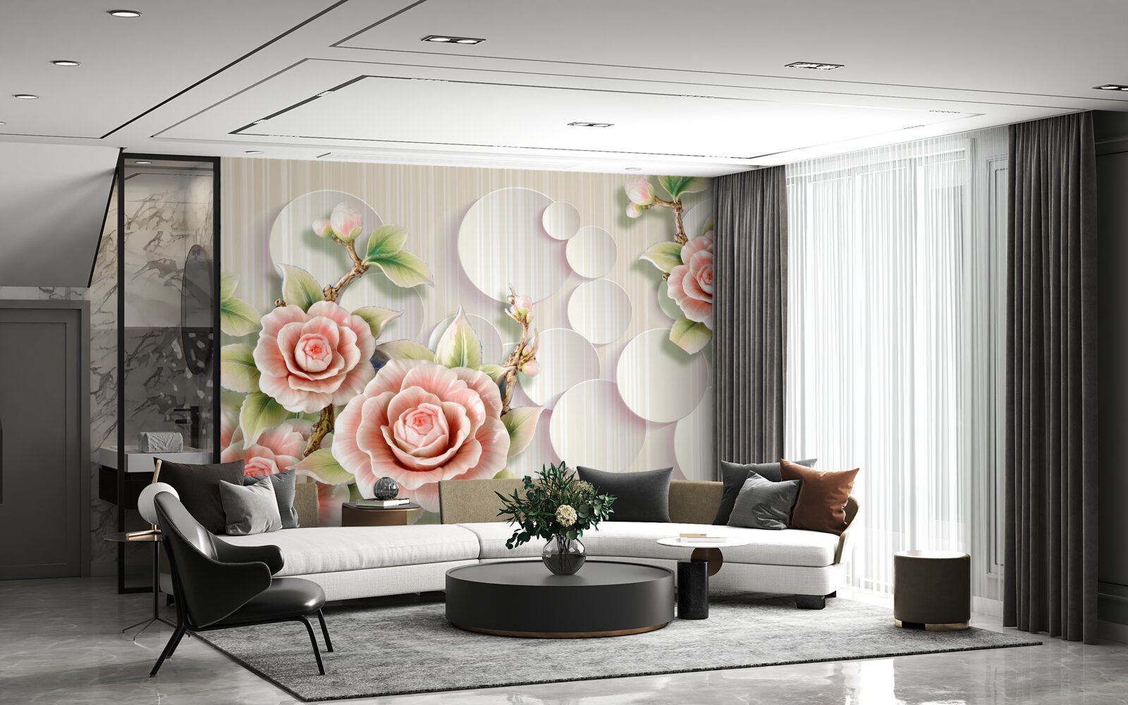 Papier peint fond clair décoré d'une délicate rose couleur thé