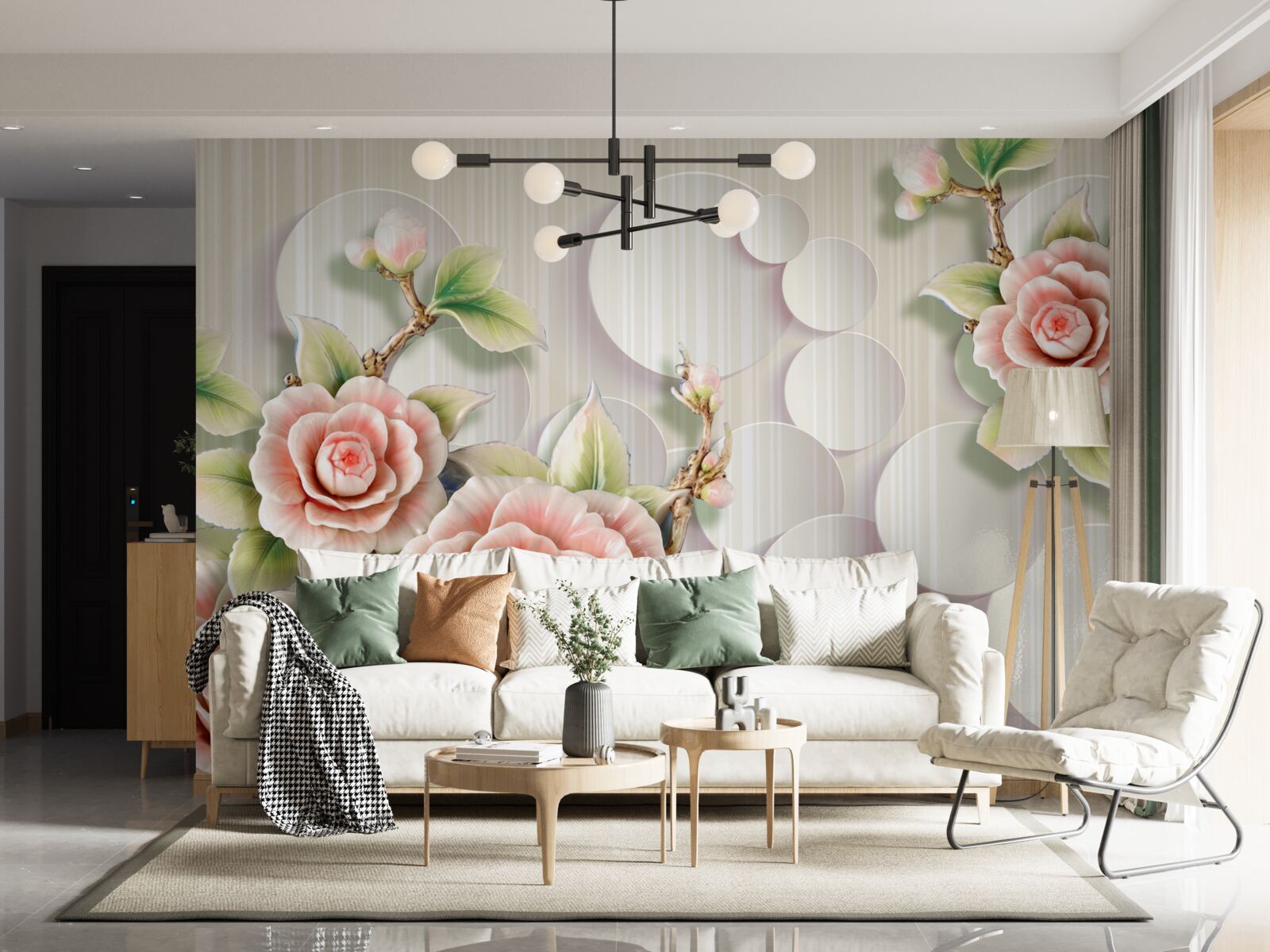 Papier peint fond clair décoré d'une délicate rose couleur thé