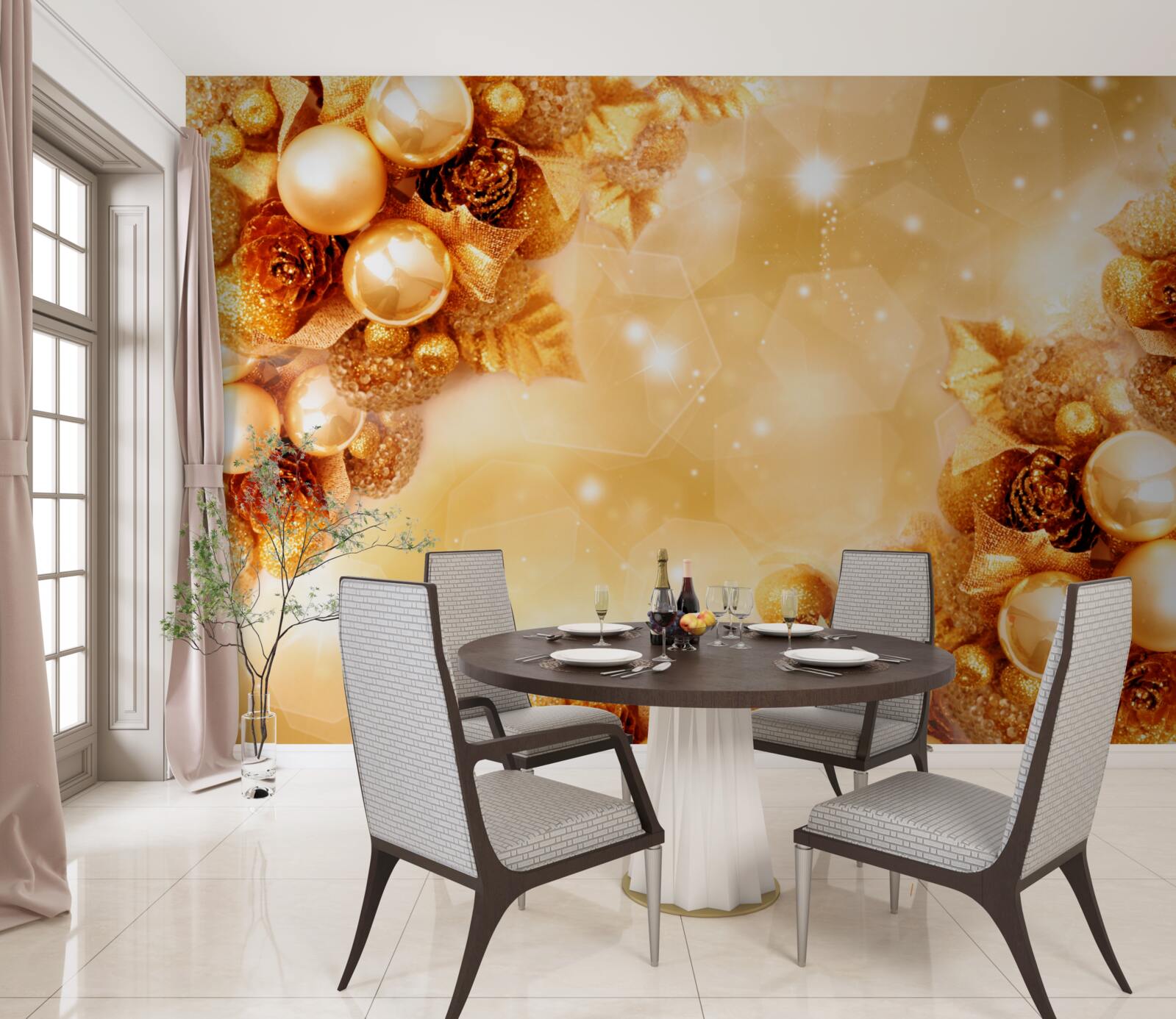 Papier peint perles d'or sur feuilles d'or