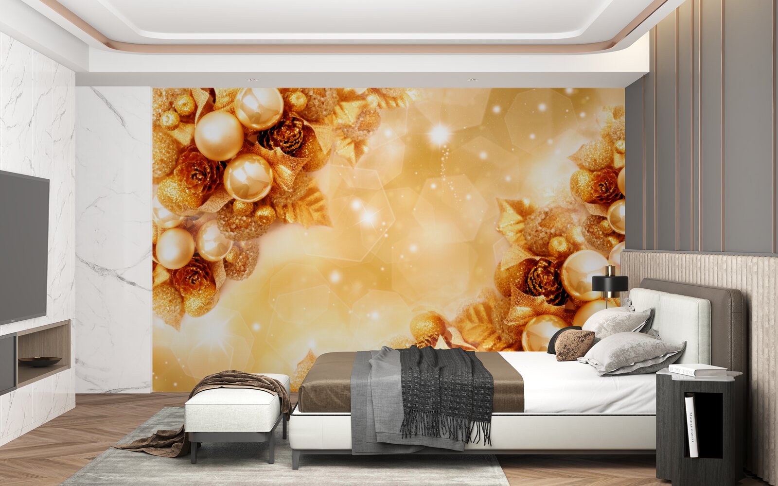 Papier peint perles d'or sur feuilles d'or