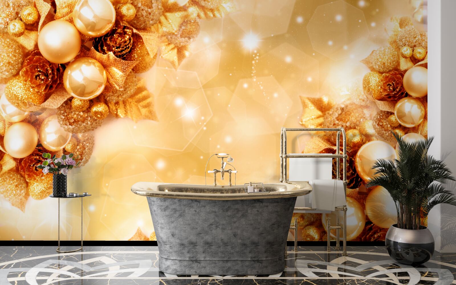 Papier peint perles d'or sur feuilles d'or