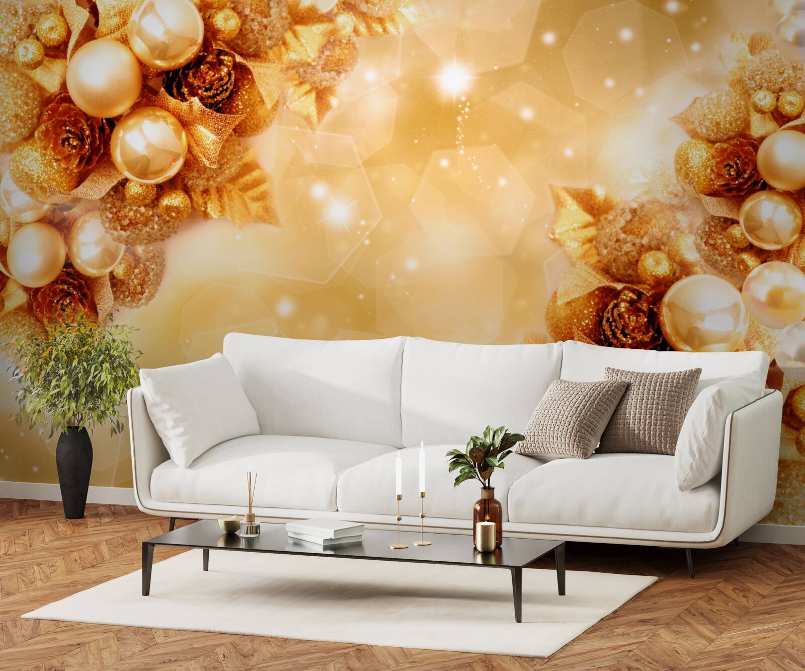 Papier peint perles d'or sur feuilles d'or