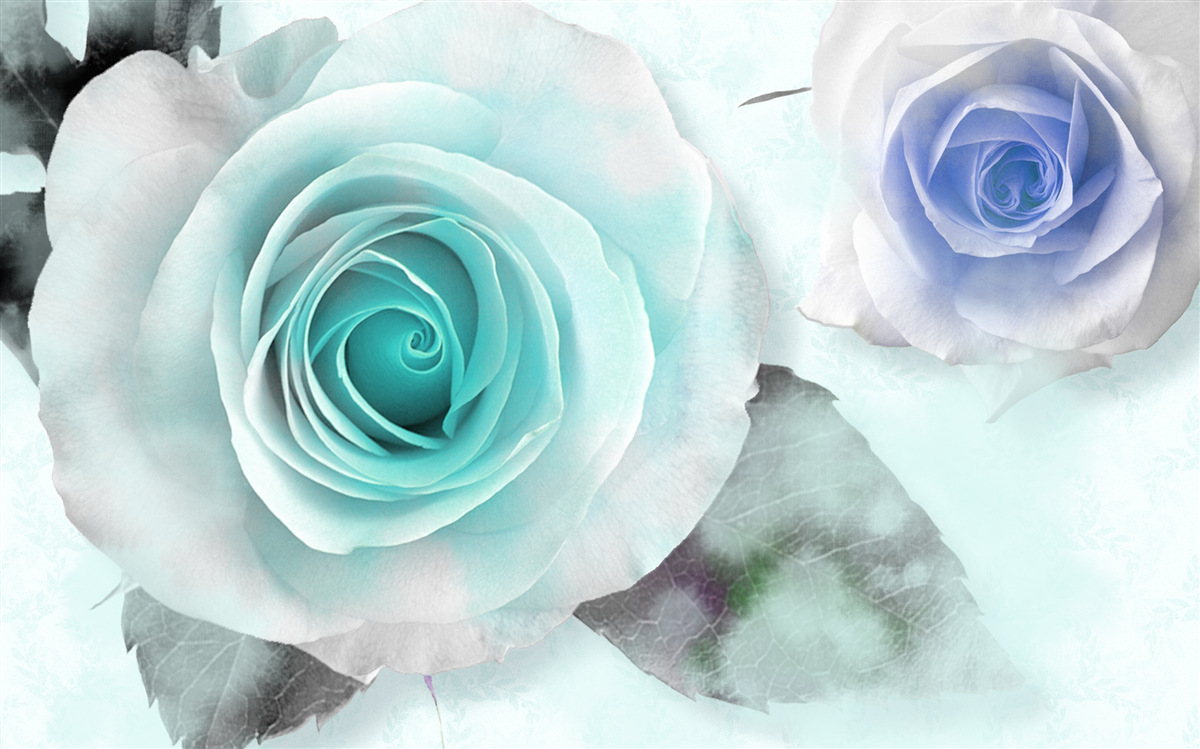 Papier peint roses dans les tons de bleu et de vert