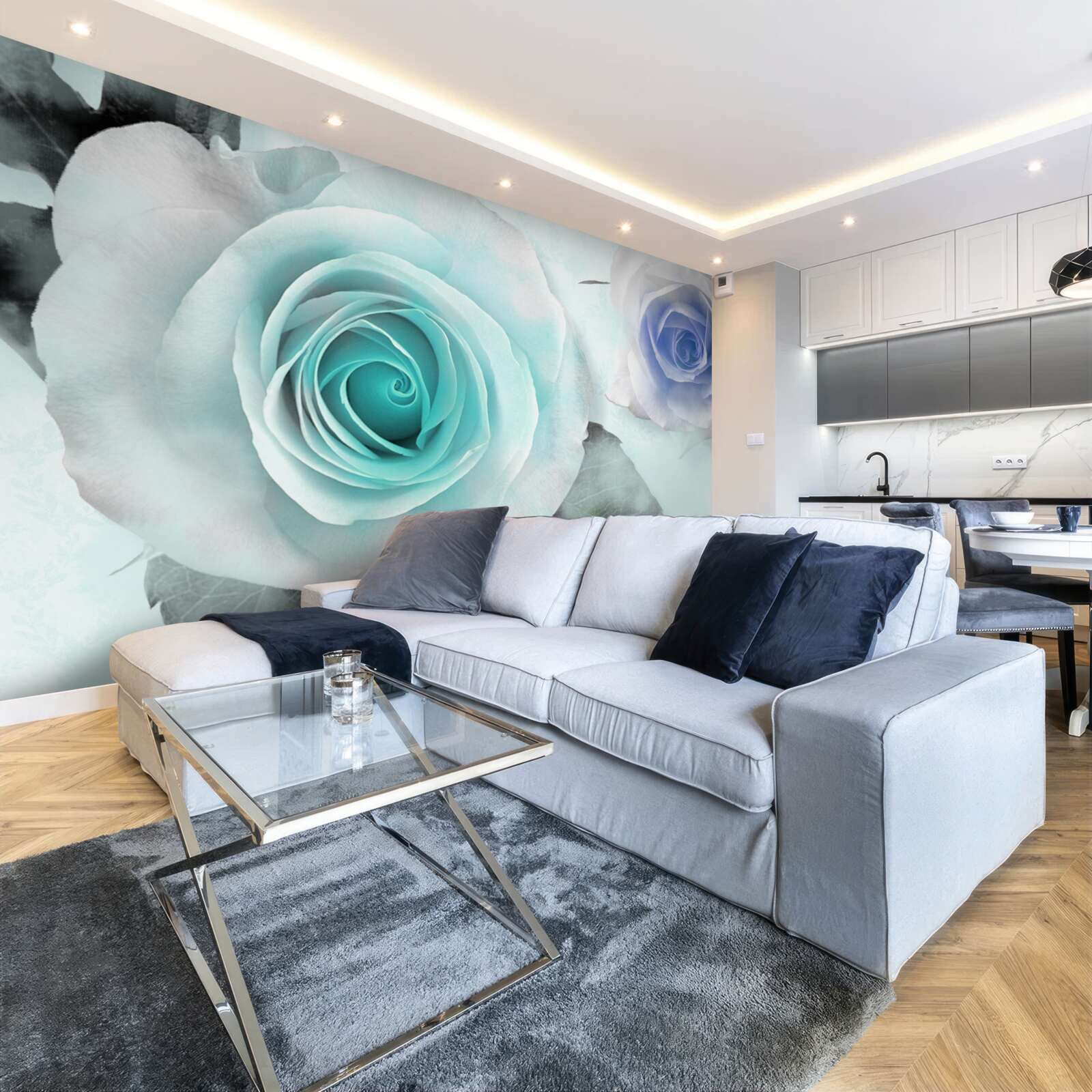 Papier peint roses dans les tons de bleu et de vert