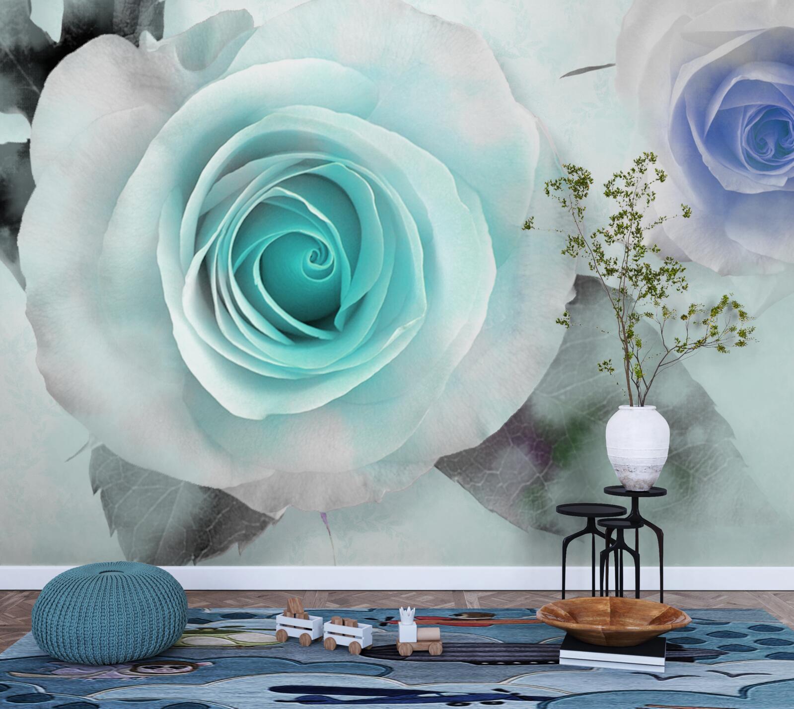 Papier peint roses dans les tons de bleu et de vert