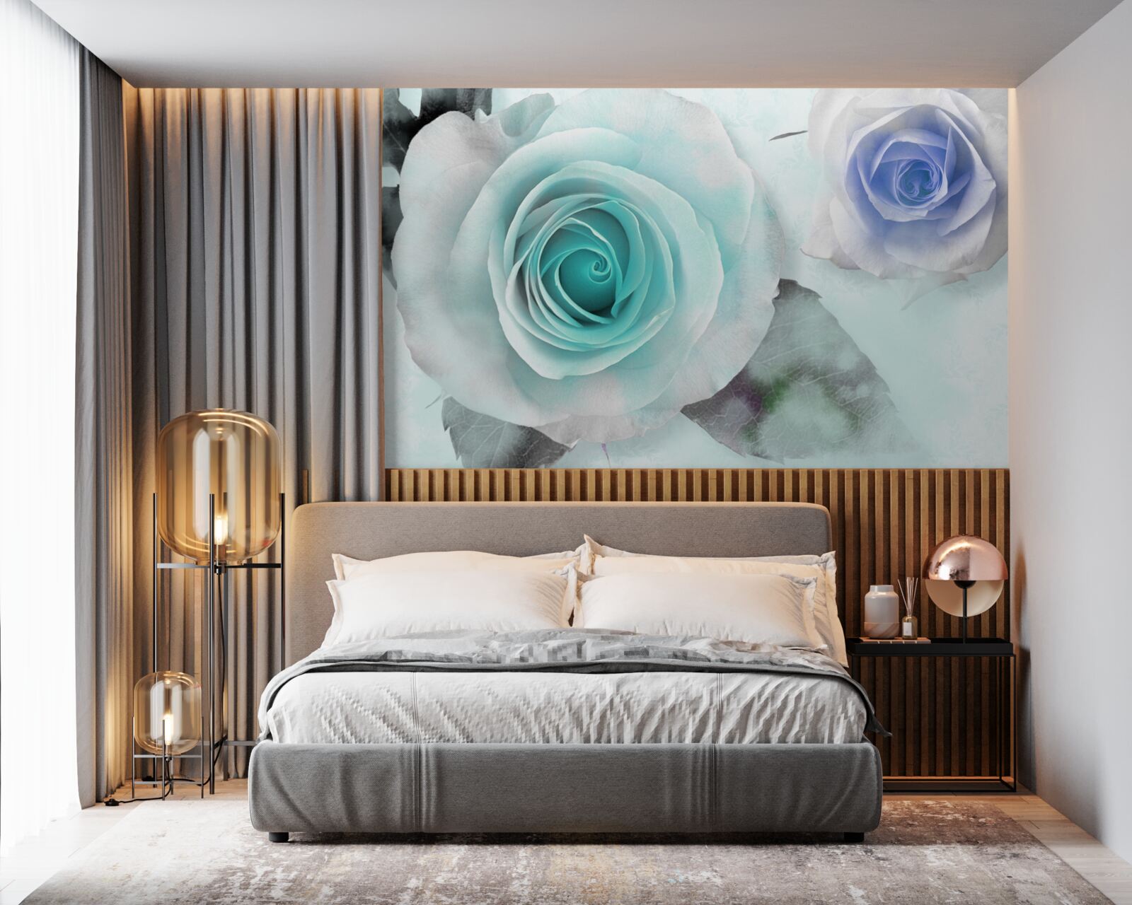 Papier peint roses dans les tons de bleu et de vert