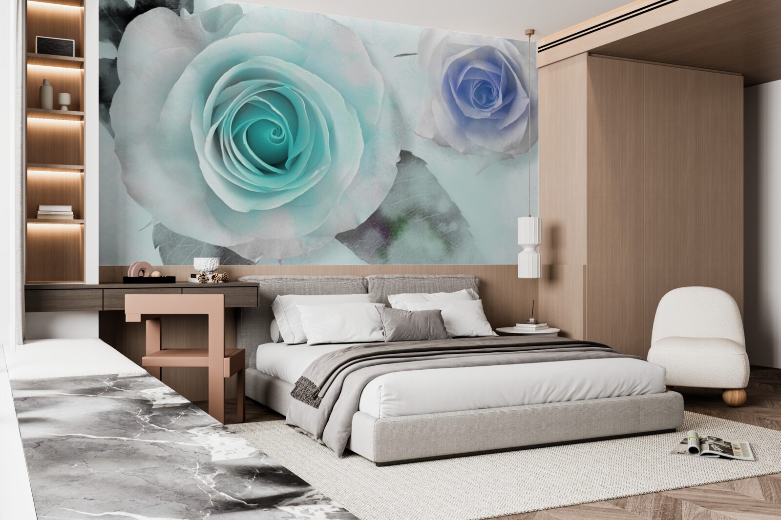 Papier peint roses dans les tons de bleu et de vert