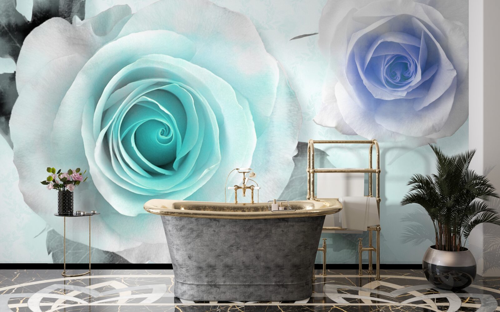 Papier peint roses dans les tons de bleu et de vert