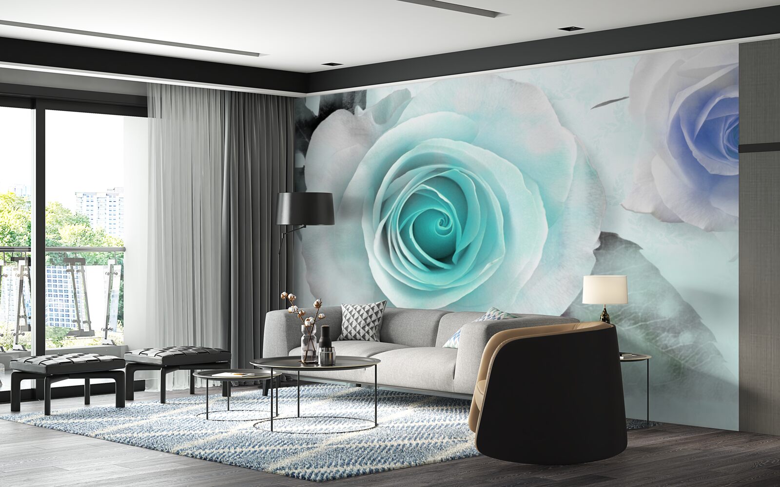 Papier peint roses dans les tons de bleu et de vert