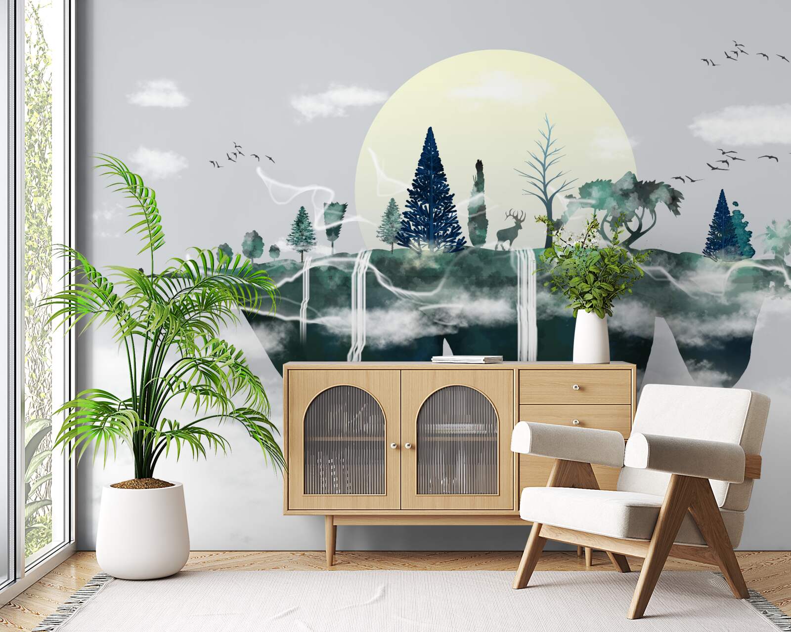 Papier peint le reflet dans l'eau montre le vert luxuriant de la forêt