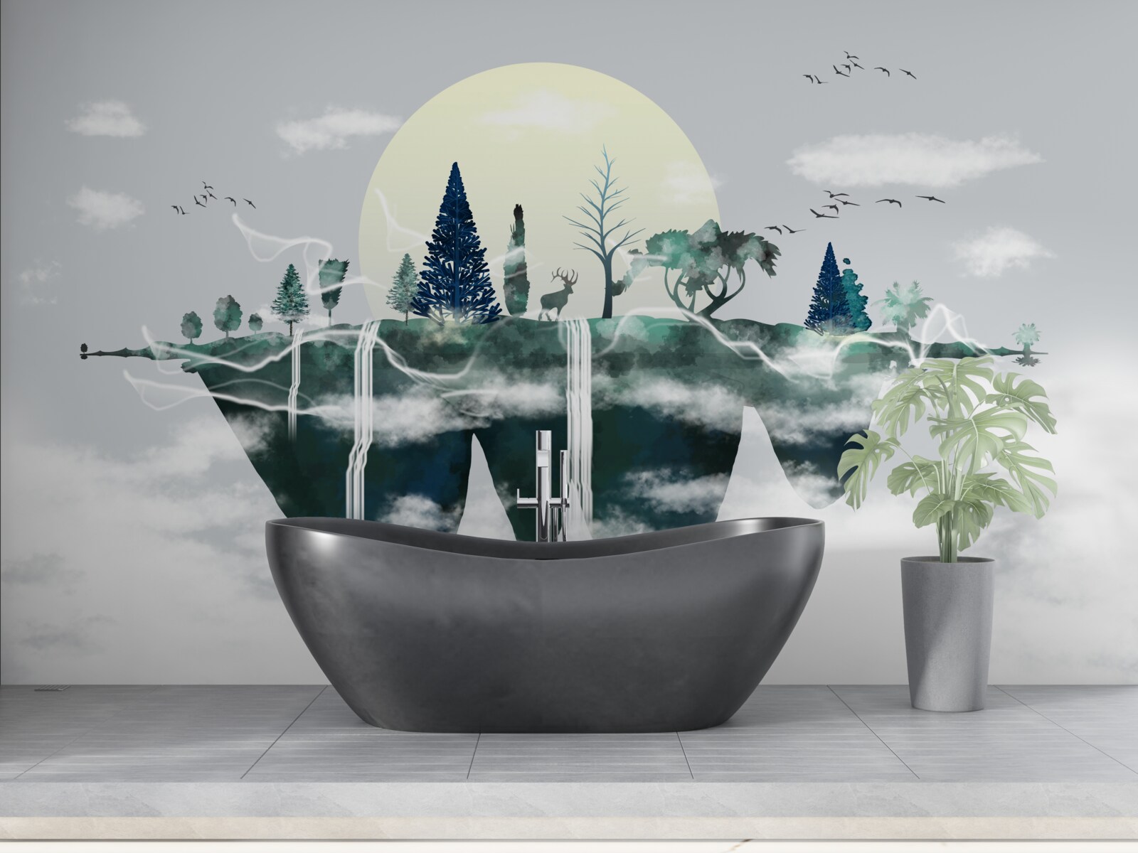 Papier peint le reflet dans l'eau montre le vert luxuriant de la forêt