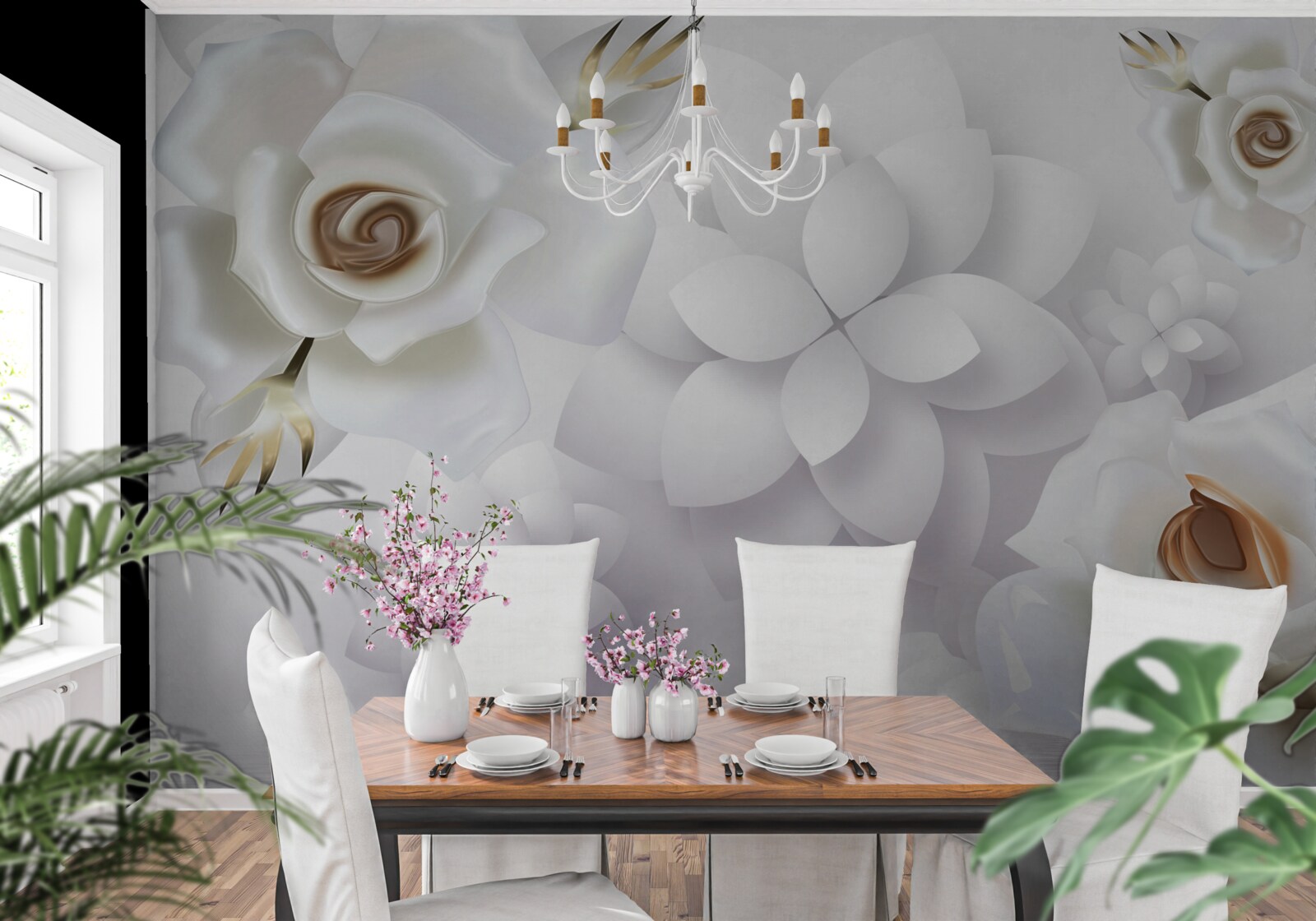 Papier peint composition avec des fleurs blanches