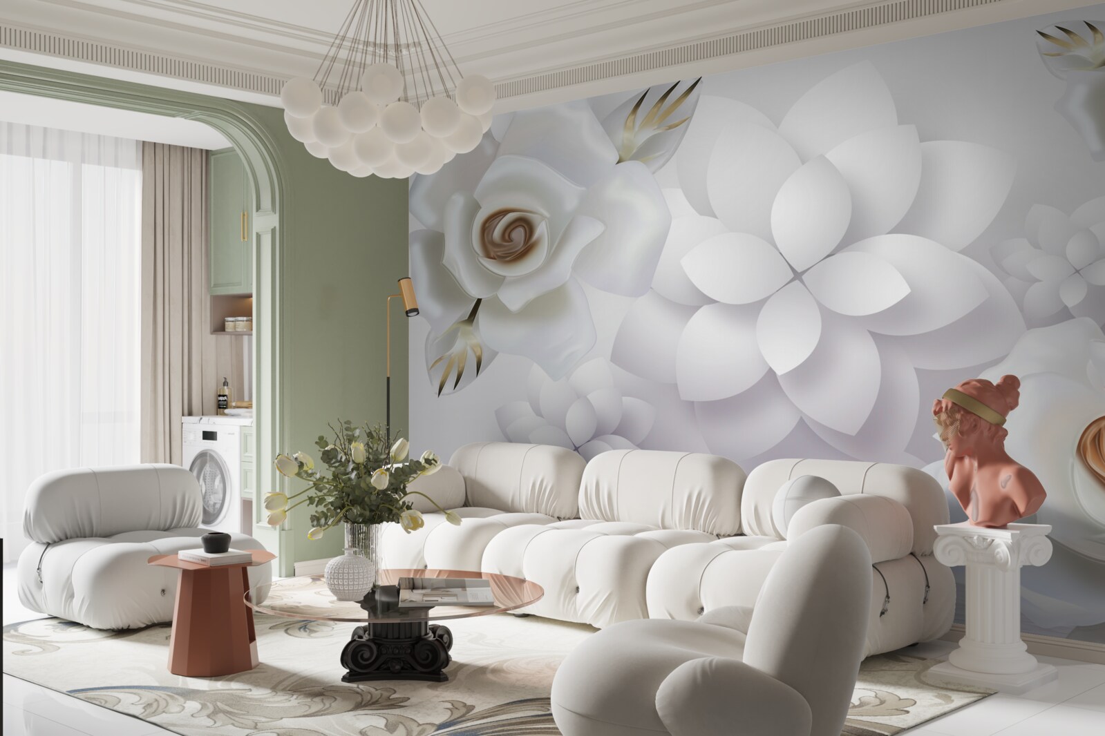 Papier peint composition avec des fleurs blanches