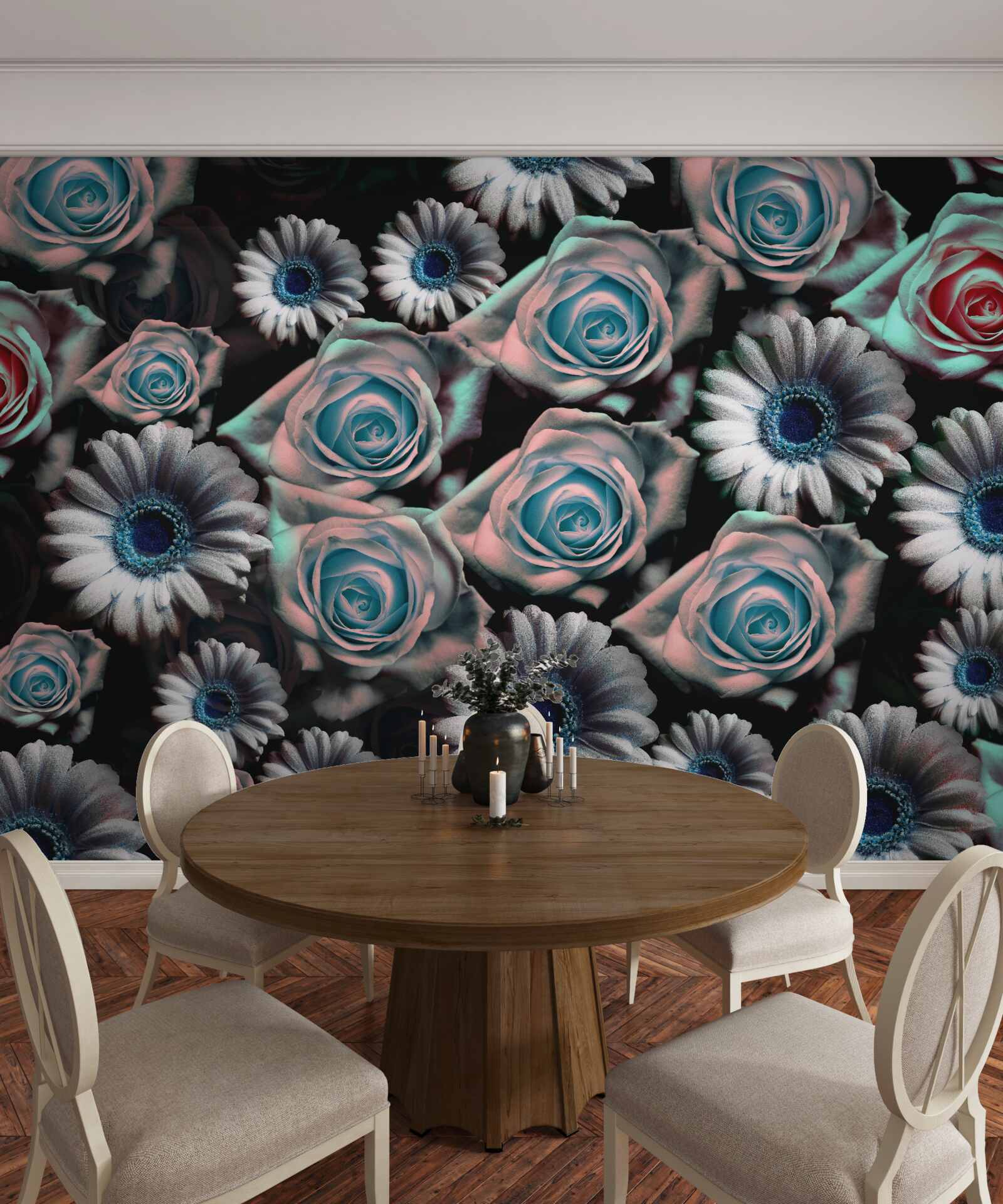 Papier peint gerberas et roses sur fond noir