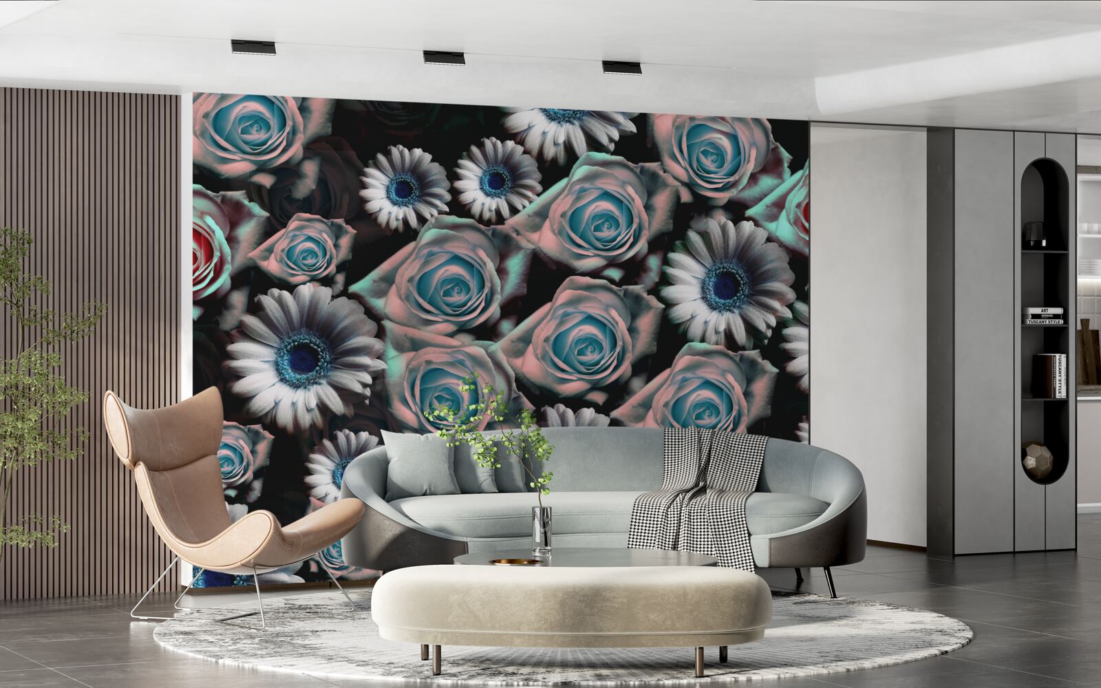 Papier peint gerberas et roses sur fond noir