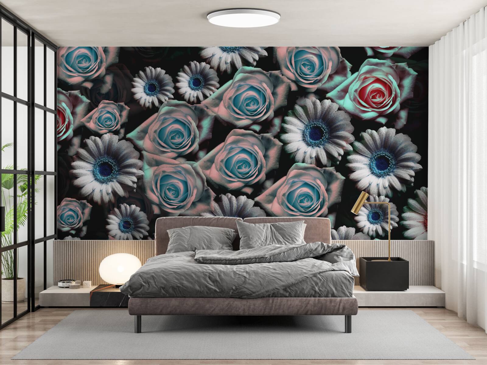 Papier peint gerberas et roses sur fond noir