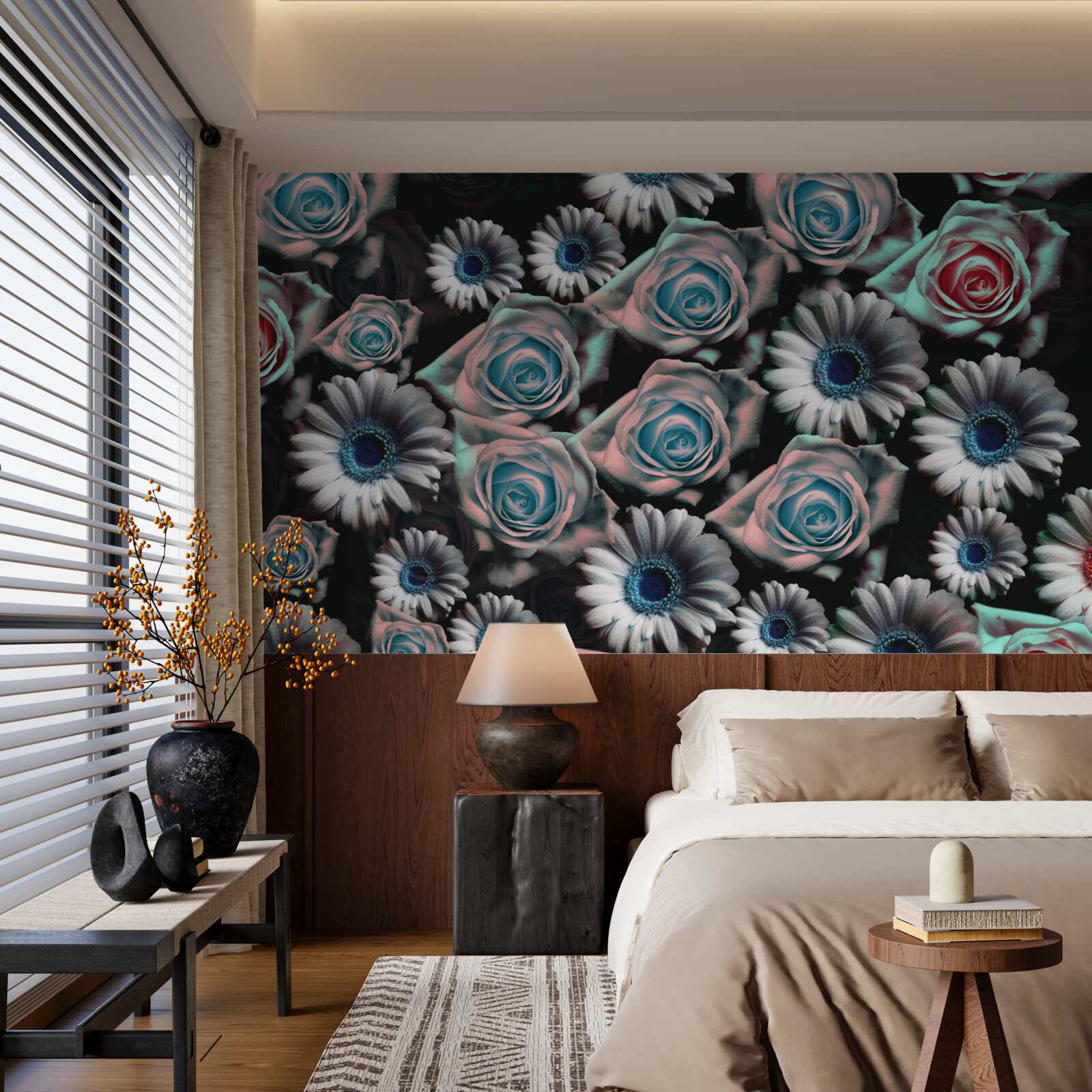 Papier peint gerberas et roses sur fond noir