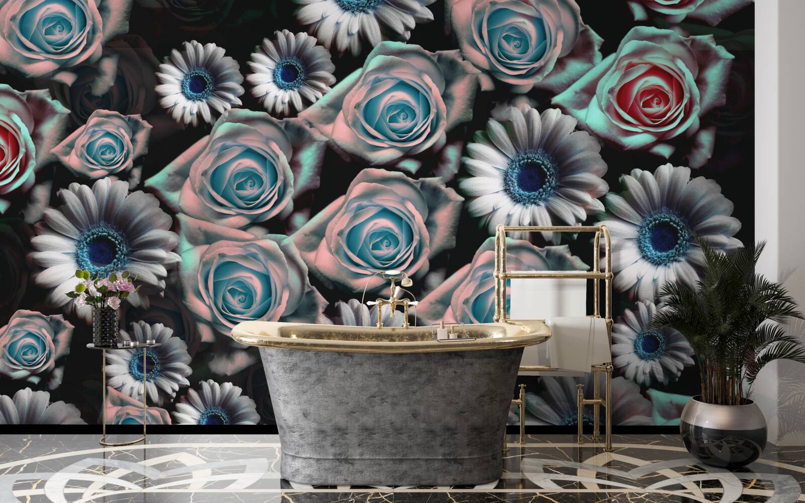 Papier peint gerberas et roses sur fond noir