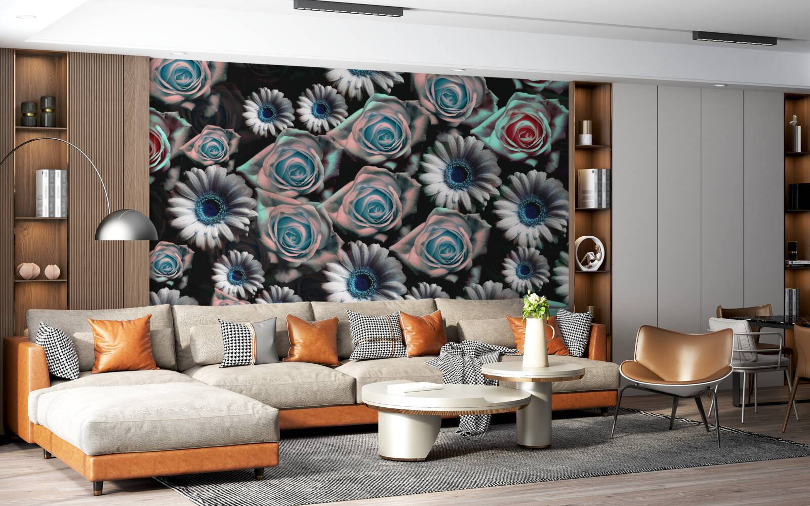 Papier peint gerberas et roses sur fond noir