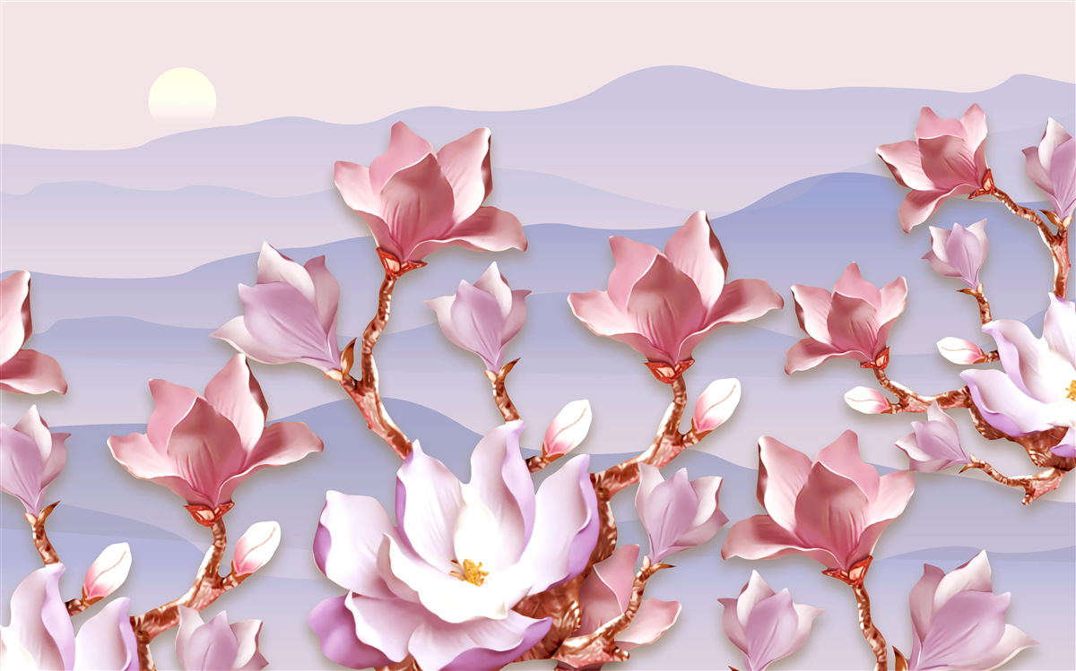 Papier peint bourgeons de magnolia roses contre l'aube d'un jour mourant