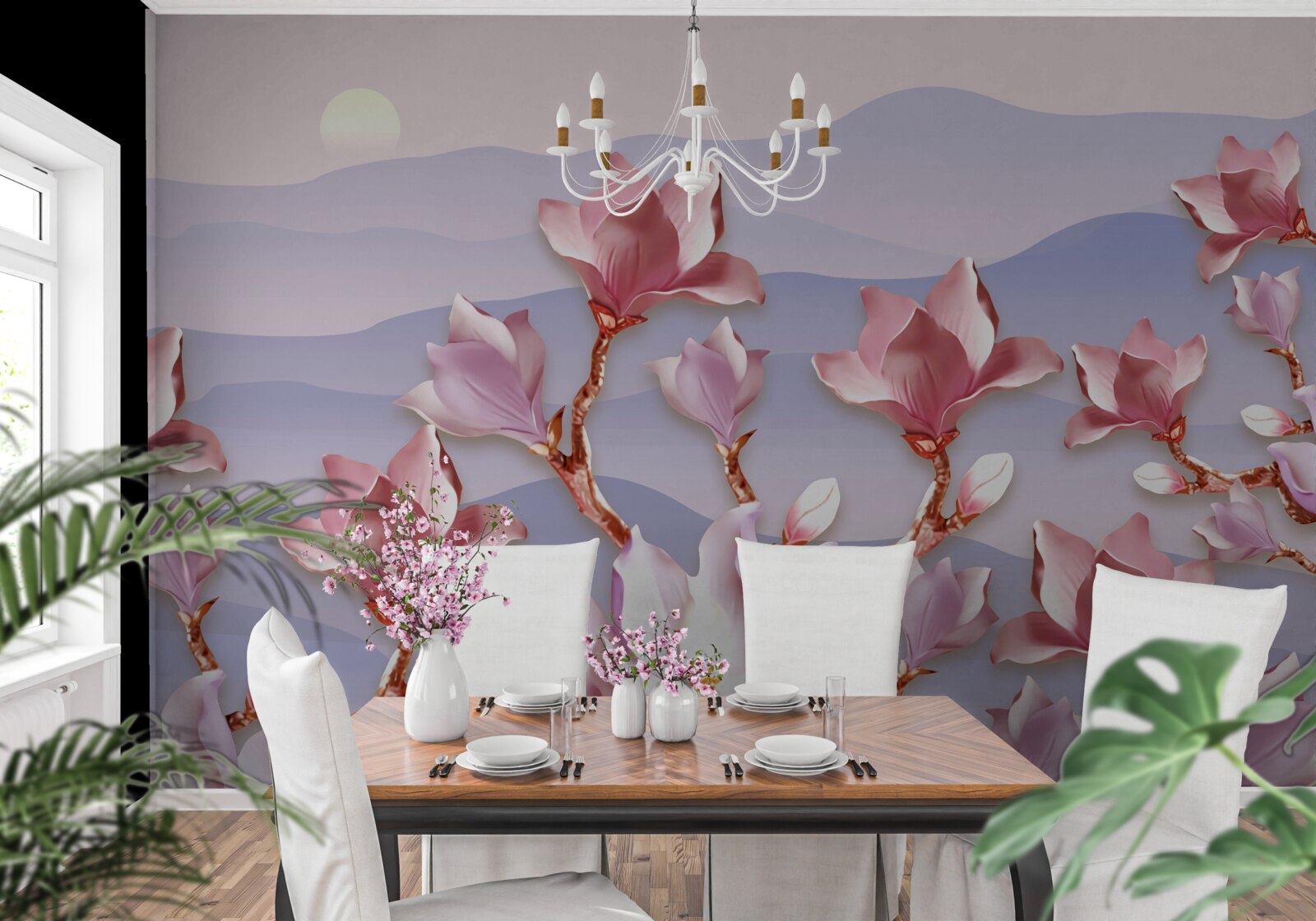 Papier peint bourgeons de magnolia roses contre l'aube d'un jour mourant