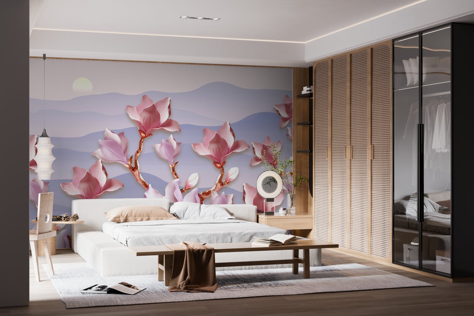 Papier peint bourgeons de magnolia roses contre l'aube d'un jour mourant