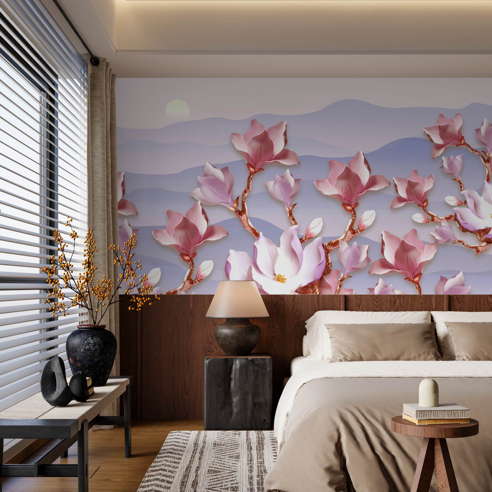 Papier peint bourgeons de magnolia roses contre l'aube d'un jour mourant